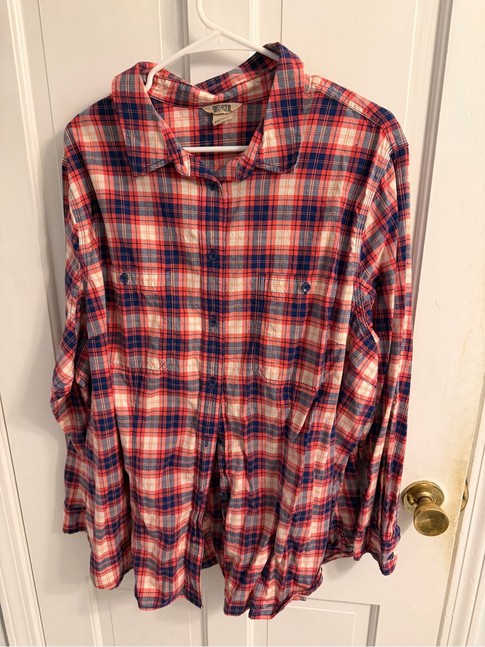 Duluth Trading Co Red, Blue & White Plaid Button-Down Shirt